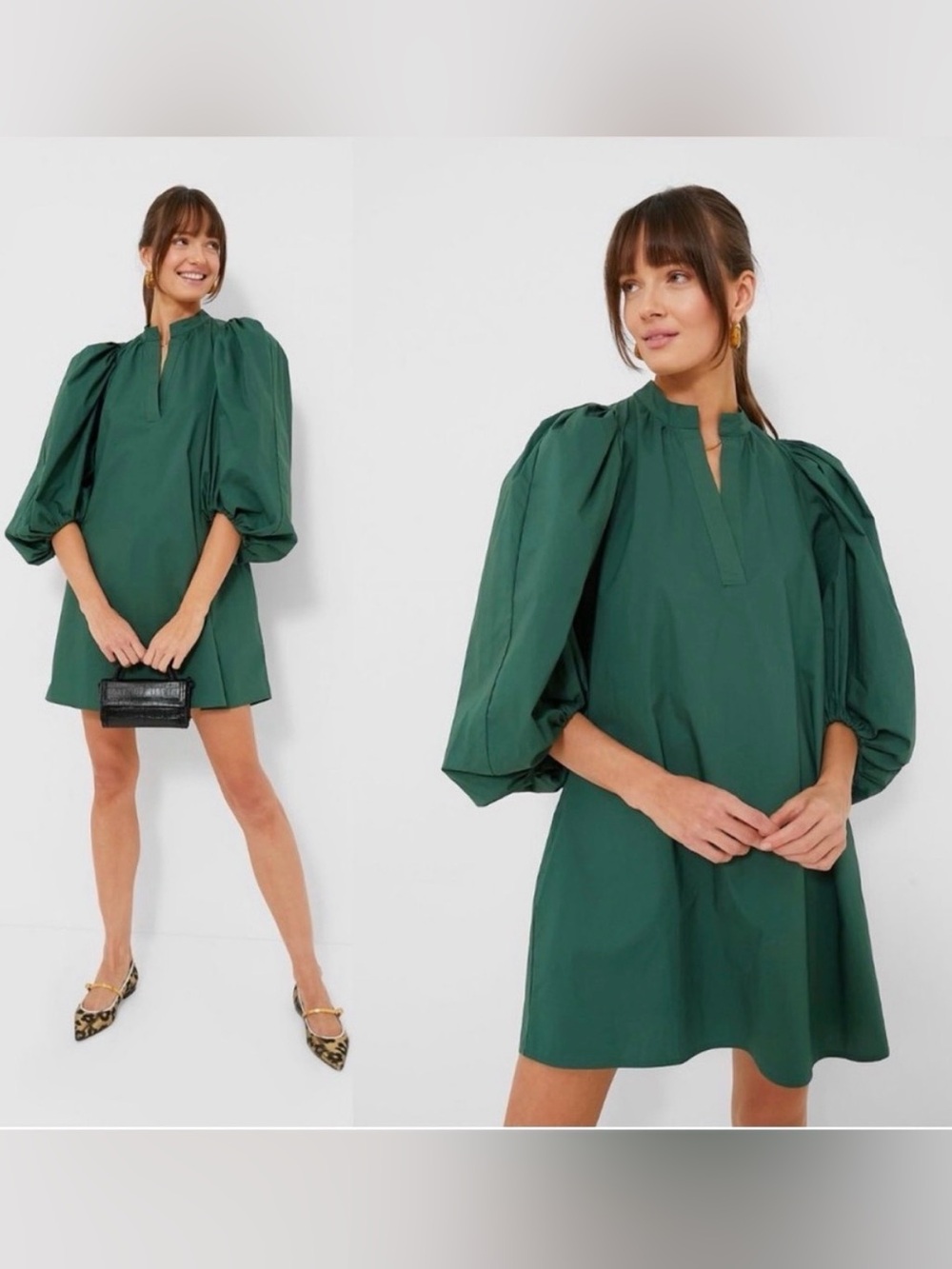 Pomander Place Emerald Green Astrid Puff Sleeve Poplin Mini Dress Size Small